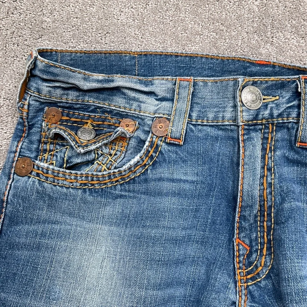 True Religion‎ Jeans Men 38W 32L Blue Distressed Denim Orange Stitching USA